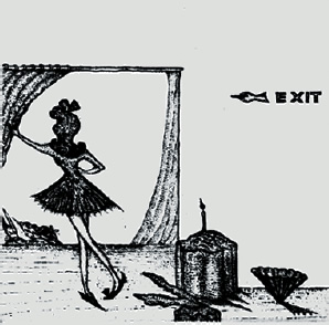 Woodcut image of girl leaning against curtain