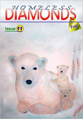 Front cover of Homeless Diamonds issue 11 - drawing of a polar bear with cubs by Kacci Brown