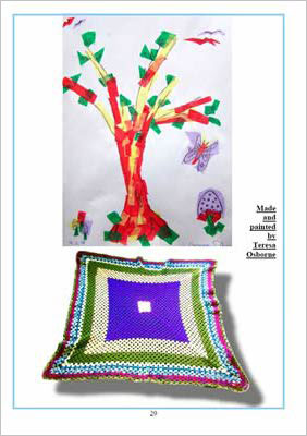 Drawing of tree and a crocheted blanket.