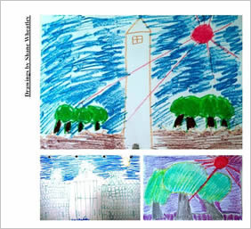Drawings of trees and buildings.