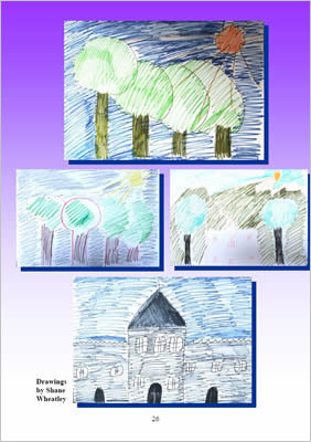 Drawings of trees and houses in felt tip.