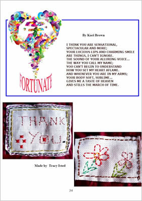 Page shows heart-shaped collage next to poem and some embroidery reading 'thank you' and a flower below.