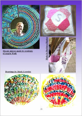 Pictures of a mosaic mirror, decorated shells, bag and a cushion.
