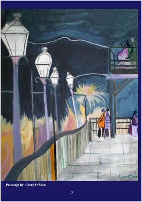 Painting of a pier end with victorian streetlamps.