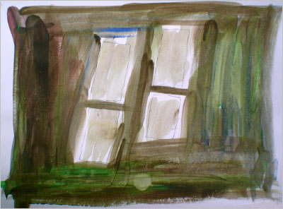 Painting of daylight window in a dark wall.