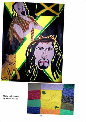 Painting shows figures includng Jess head on a flag (reminiscent of Jamaican flag) and knitted blanket shows the name 'Billie-Jean'.