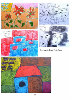 Drawings show flowers, faces and houses.