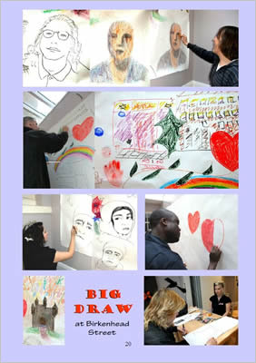 Photo shows more illustrations from the Big Draw: faces, hearts and buildings.