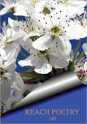 Reach Poetry 140 front cover showing white flowers on blue background
