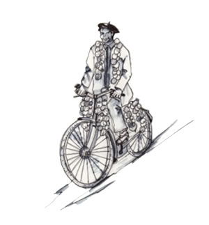 Drawing of man on bicycle wearing a beret and strings of onions around his neck
