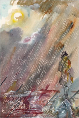 artwork showing figure walking in the rain
