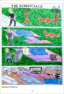 comic showing person and fox gradually building a living room in the park then watching television