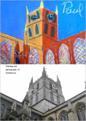 artwork shows a colour drawing of a church tower above a photograph of the tower