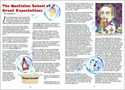 shows page layout for story on next page, with bubbles across a spread containing costumes for Little Red Riding Hood, Snow White and Alice in Wonderland