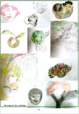 Drawings show faces in pencil colours with and as fruit.