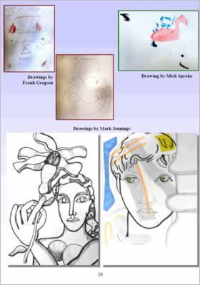 Drawings of faces and birds by Frank Gregson, Mark Jennings and Mick Sprake.