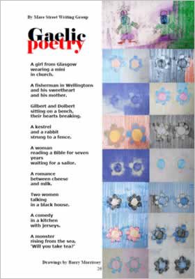 Shows poem in situ on page with drawings of flowers next to it.