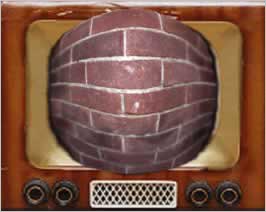 Shows an old fashioned television with a wall breaking out of the screen.