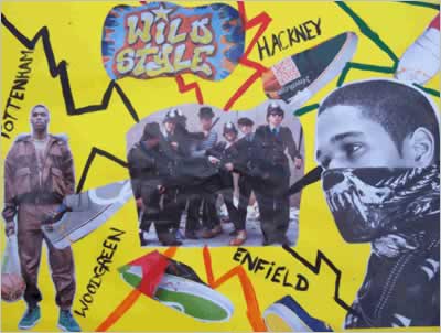 Collage of police with young black men and the names of London districs Tottenham, Hackney, Wood Green and Enfield.