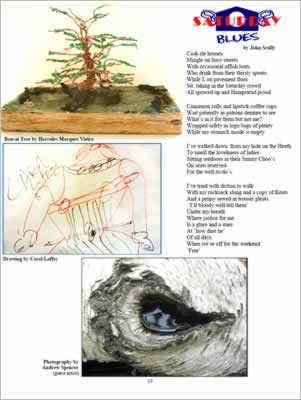 Artworks on page show a bonsai tree, a pencil drawing and a photograph of a knot in a tree.