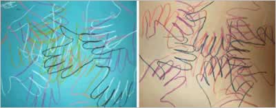 Drawings of interlaced outlines of hands.