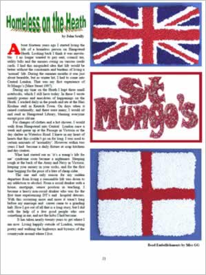 Photos of beaded UK flags and St Mungos sign.