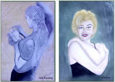 Shows illustrations of Marilyn Monroe and a girl reading.