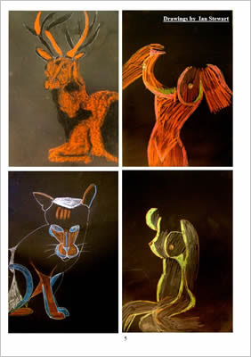 line drawings of a stag, a cat and torsos - colour on black background