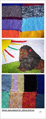 Knitted blankets and a painting of a lion.