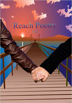 Reach Poetry 142 front cover showing the holding hands of a couple with a pier and bright sunset behind them