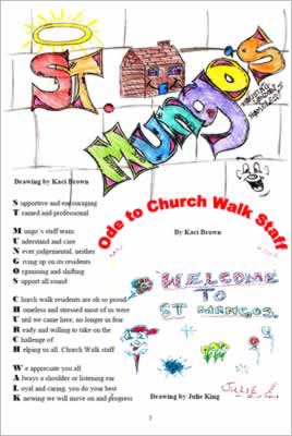 Shows layout on page with drawings saying Welcome To St Mungos